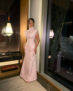 Cocoslly High Neck Short Sleeves High Waist Long Prom Dress With Lace | White Satin DB0111