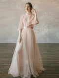 Cocoslly High Neck Long Sleeves High Waist Long Prom Dress | Blushing Pink Tulle LR0409