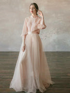 Cocoslly High Neck Long Sleeves High Waist Long Prom Dress | Blushing Pink Tulle LR0409