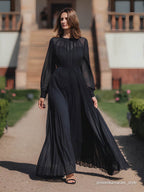 Black Mesh Ruched Chiffon Crew Neck Long Balloon Sleeve A-Line Maxi Dress