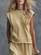 Retro-Casual Sports Light Yellow Cotton Crew-Neck Top And Cropped Pants Set