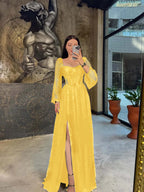 Lace Square Neck  Lantern Long Sleeves Long A-Line Pleated Prom Dress With Split And Corset YK0413