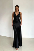 Cocoslly Halter V-Neck Sleeveless High Waist Long Prom Dress | Royal Blue Satin ZT0693