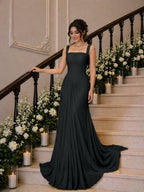 Cocoslly Wide Straps Square Neck Sleeveless High Waist Long Prom Dress With Pleated | Daffodil Chiffon YK1259