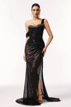 Cocoslly One Shoulder Sleeveless High Waist Long Prom Dress With Split And Rhinstone | Black Sequins JZ0056