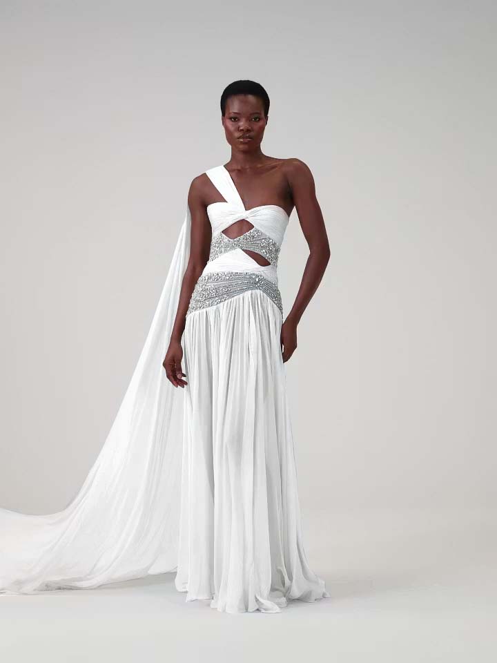 Cocoslly One Shoudler Sleeveless High Waist Long Prom Dress With Rhinstone | Ice White Chiffon YK1281
