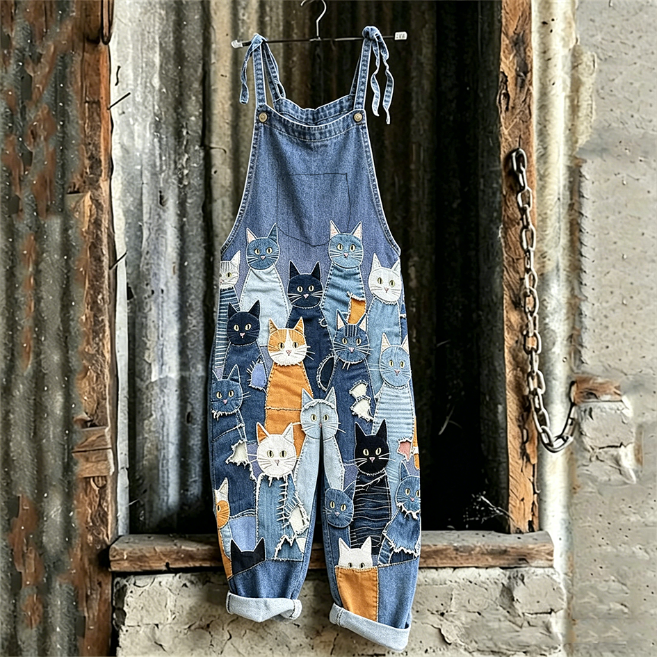 Cute Cat Pattern Patchwork Design Casual Linen Overalls