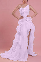 Cocoslly One Shoulder Sleeveless High Waist Long Split Prom Dress With Ruffles And Flowers | Blushing Pink Chiffon YC0489