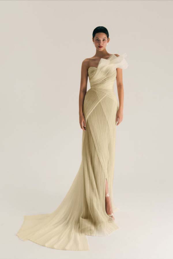 Asymmetric One Shoulder Sleeveless Long Pleated Mermaid Prom Dress With Split WQ0533