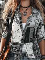 Women's Retro Music Symbol Black And White Print Spliced Open Cardigan Shirt
