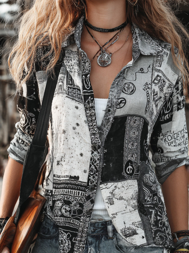 Women's Retro Music Symbol Black And White Print Spliced Open Cardigan Shirt