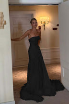 Cocoslly Strapless Sleeveless Long Pleated Prom Dress With Feathers | Ivory Satin ZA0210