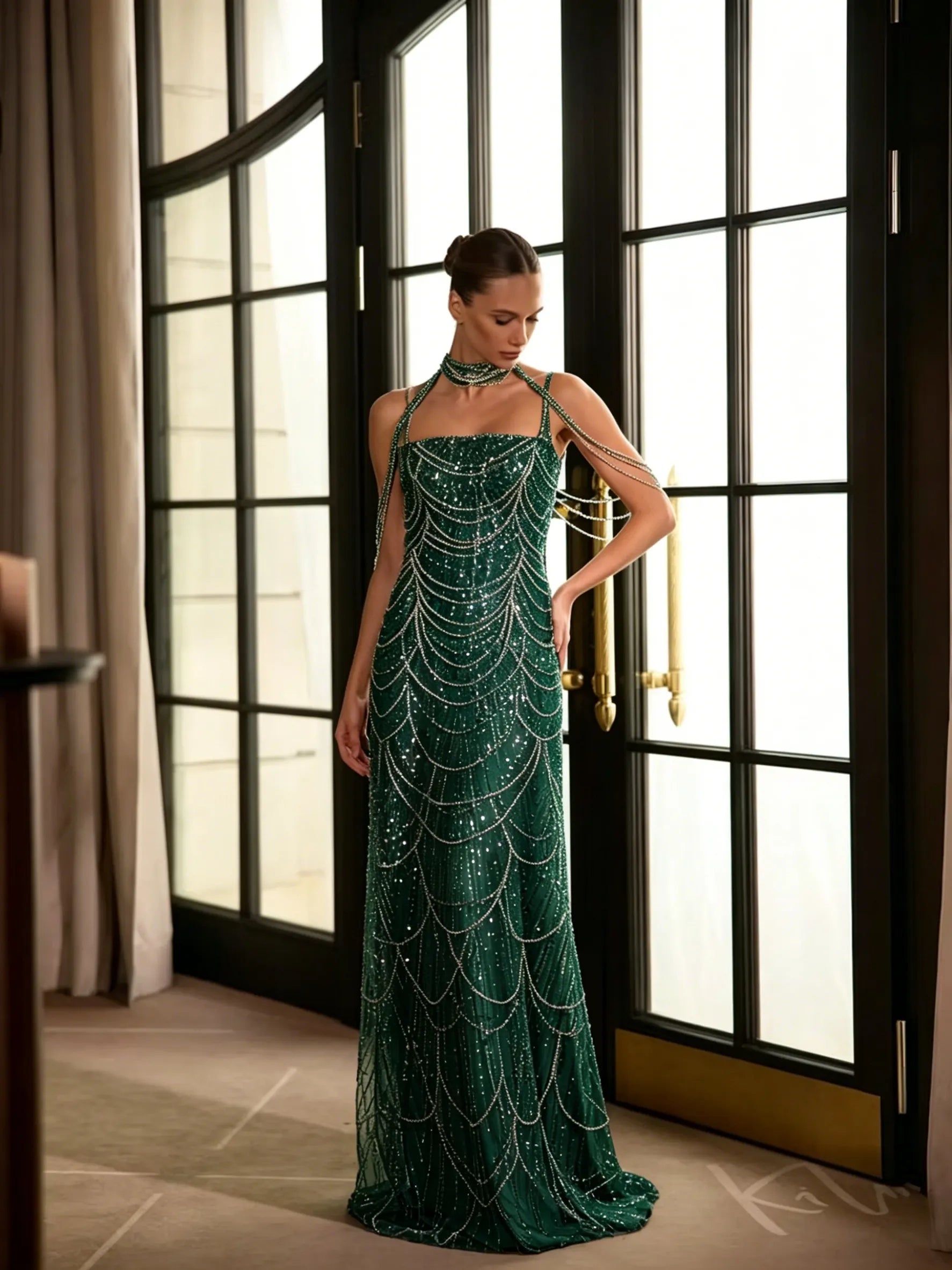 Cocoslly Spaghetti Straps Sleeveless High Waist Long Prom Dress With Rhinstone And Beading Pearls | Nude Sequins LX0091