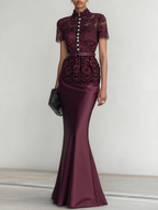 Wine Red Buckle Lace Classic Mock Neck Short Sleeve Mermaid Maxi Dress