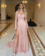 Cocoslly Square Neck Long Sleeves High Waist Long Prom Dress With Split | Red Sequins LX0105