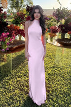Cocoslly High Neck Sleeveless High Waist Long Mermaid Prom Dress | Fuchsia Satin XJ0757