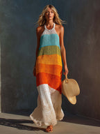 Breathable Vacation Halter-Neck Lightweight Striped Knit Maxi Dress