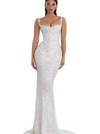 Cocoslly Spaghetti Straps Sleeveless High Waist Long Mermaid Prom Dress With Beading Pearls | Nude Champage Sequins JZ0120