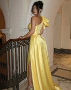 Cocoslly One Shoulder Sleeveless High Waist Long Prom Dress With Pleated And Split | Glod Satin CO0139