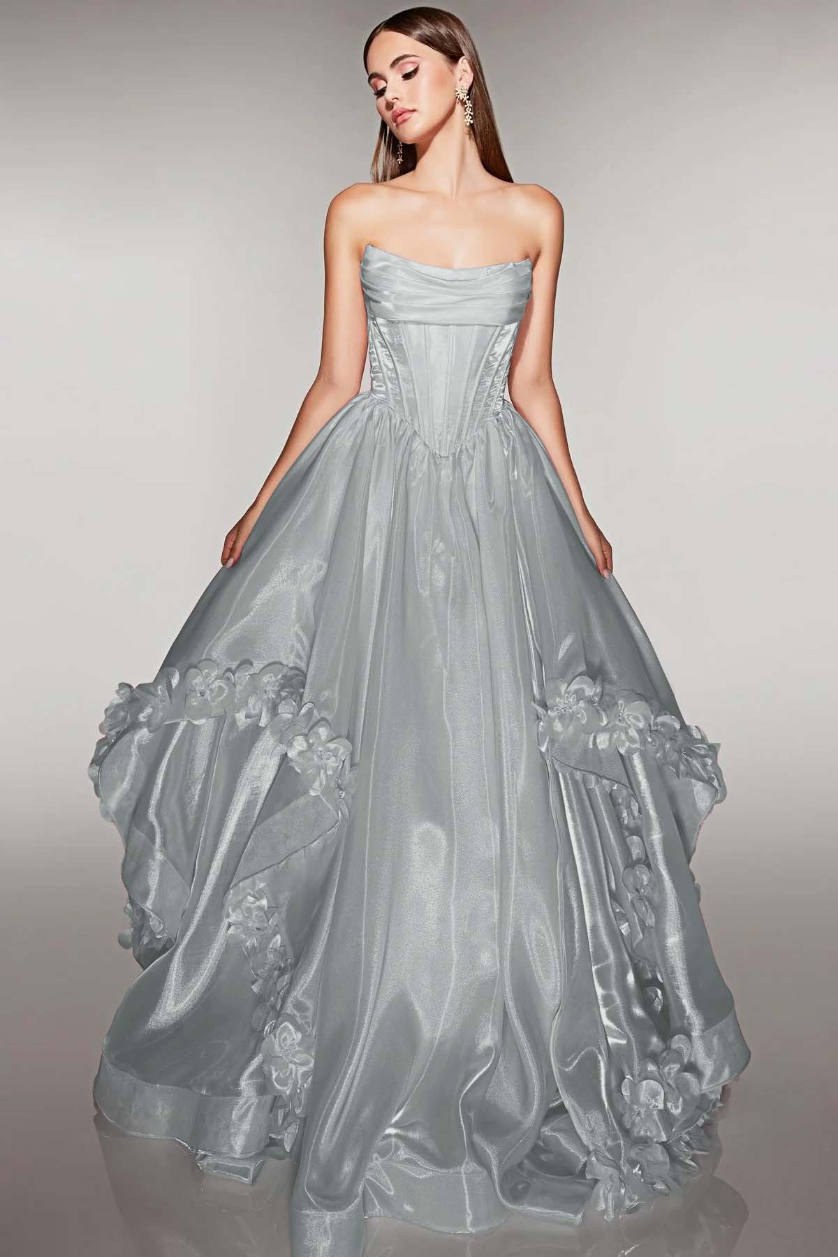 Cocoslly Strapless Sleeveless High Waist Long A Line Prom Dress With Flowers | Pink Satin