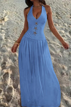 Cocoslly Halter V-Neck Sleeveless High Waist Long Prom Dress With Rhinstone | Ivory Chiffon XJ0755