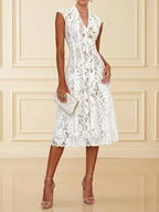 White Lace V Neck Sleeveless A-Line Midi Dress
