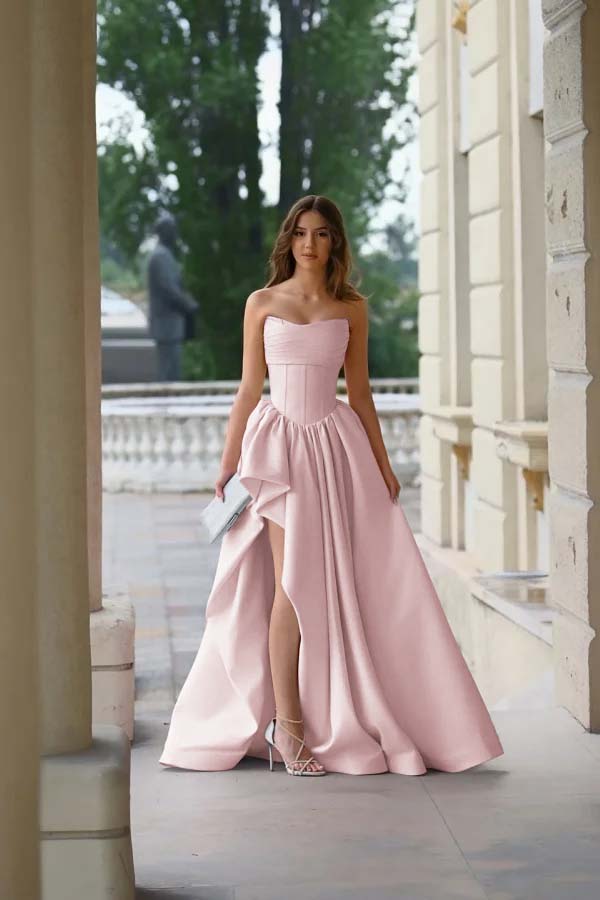 Pink Strapless Sleeveless A Line Long Split Prom Dress With Pleated ED0263