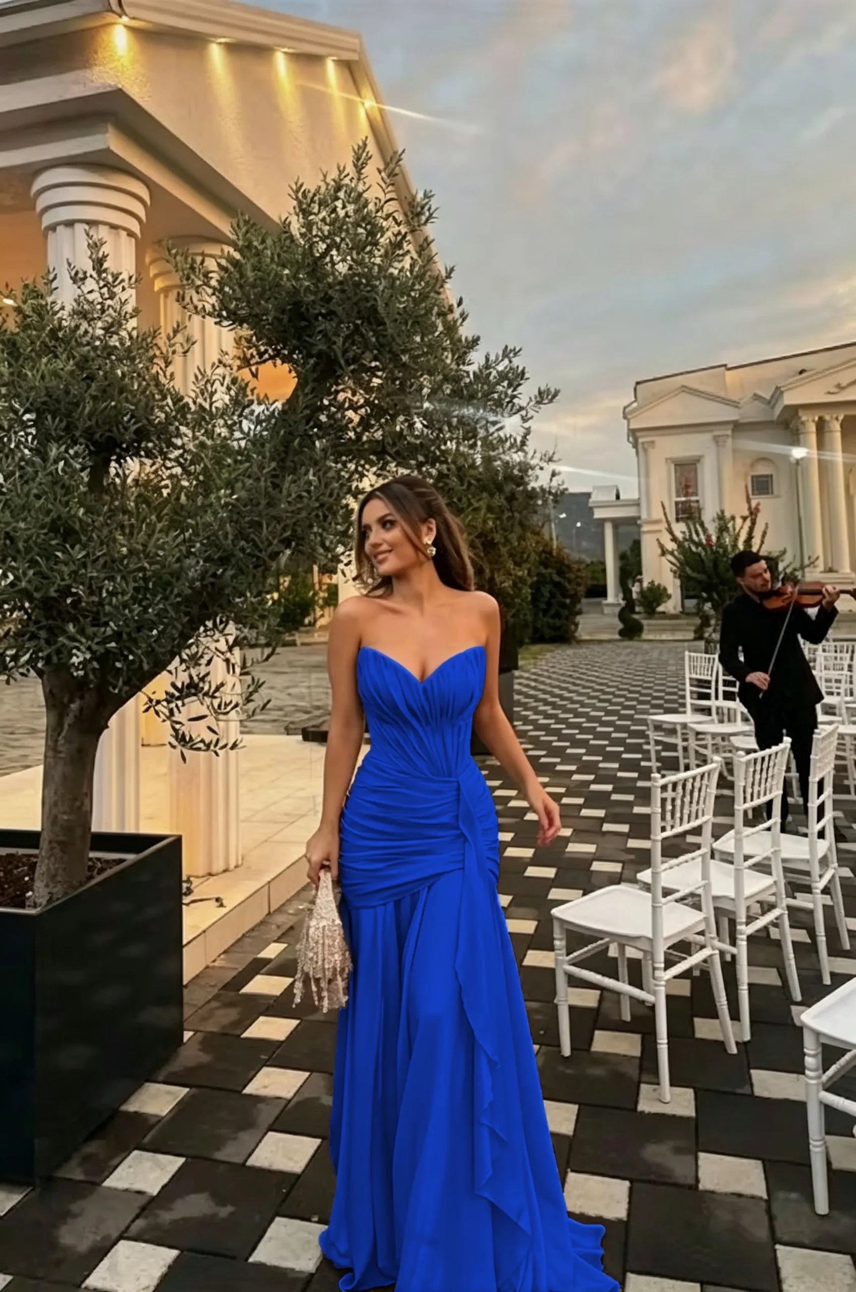 Cocoslly Strapless Sleeveless High Waist Long Prom Dress With Ruffles And Pleated | Dusty Sage Chiffon LR0540