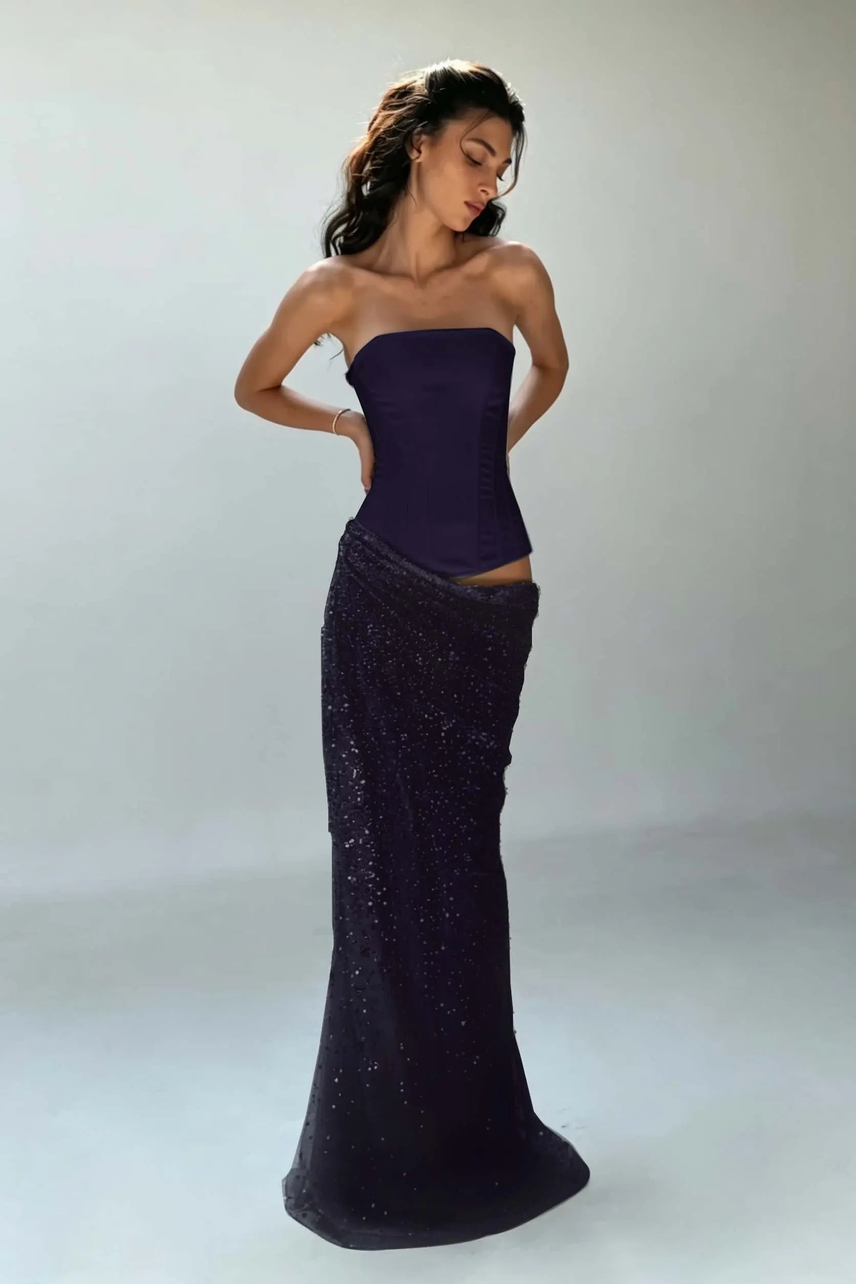 Cocoslly Strapless Sleeveless High Waist Long Mermaid Prom Dress | Creme Yellow Satin And Sequins YC0568