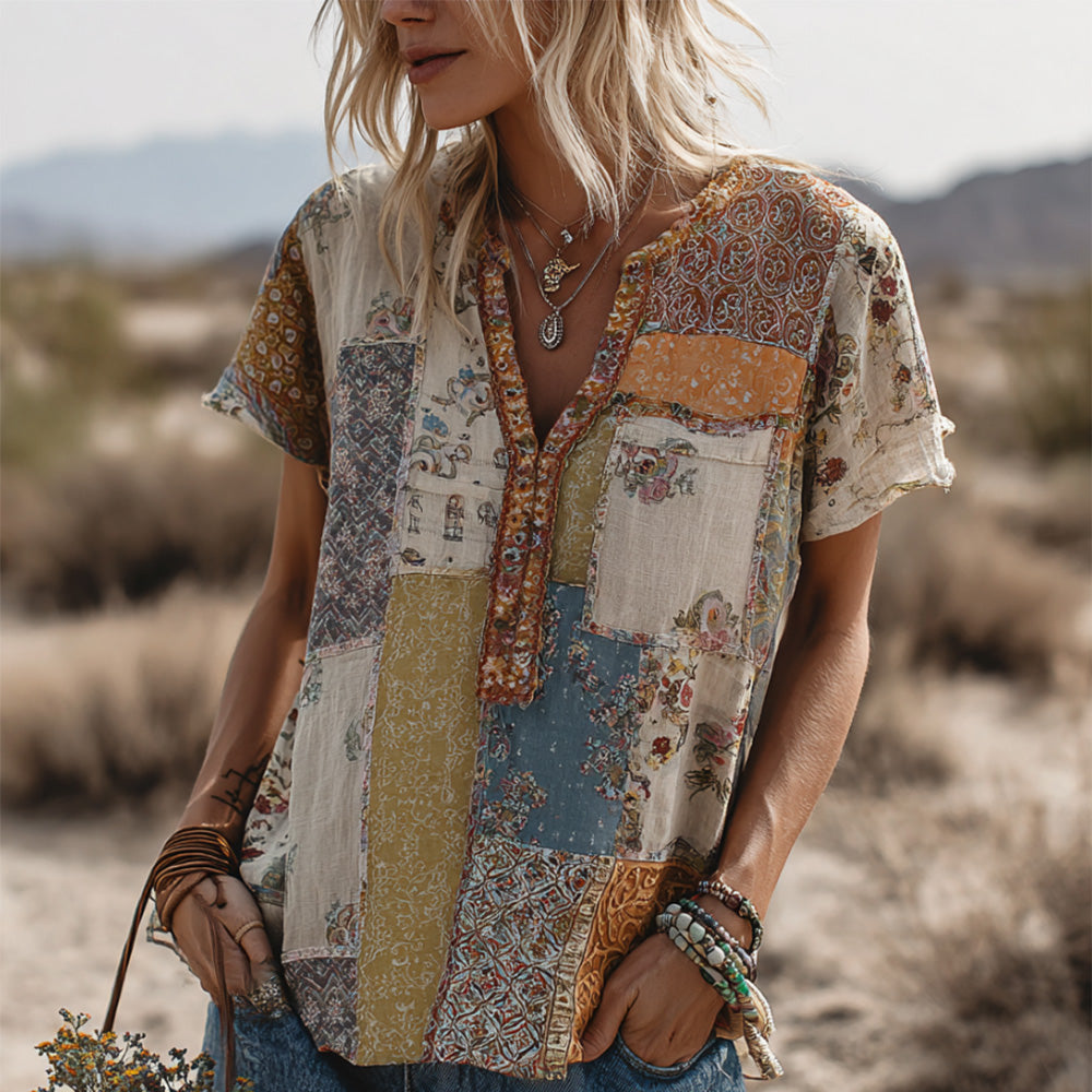 Women's Vintage Paisley Floral Patchwork V-neck Short Sleeve T-shirt