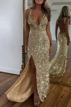 Cocoslly Spaghetti Straps V Neck Sleeveless High Neck Long Prom Dress with Split | Glod Champage  Sequins MS0489
