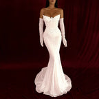 Cocoslly Strapless Sleeveless High Waist Long Mermaid Prom Dress With Rhinstone And Gloves | Smoky Silver Sequins WQ0579