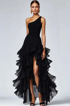 Cocoslly One Shoulder Sleeveless High Waist Long Prom Dress With Split And Ruffles | Black Satin And Tulle CO0151