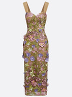 Pink 3D Floral Lace Applique V Neck Sleeveless Sheath Maxi Dress