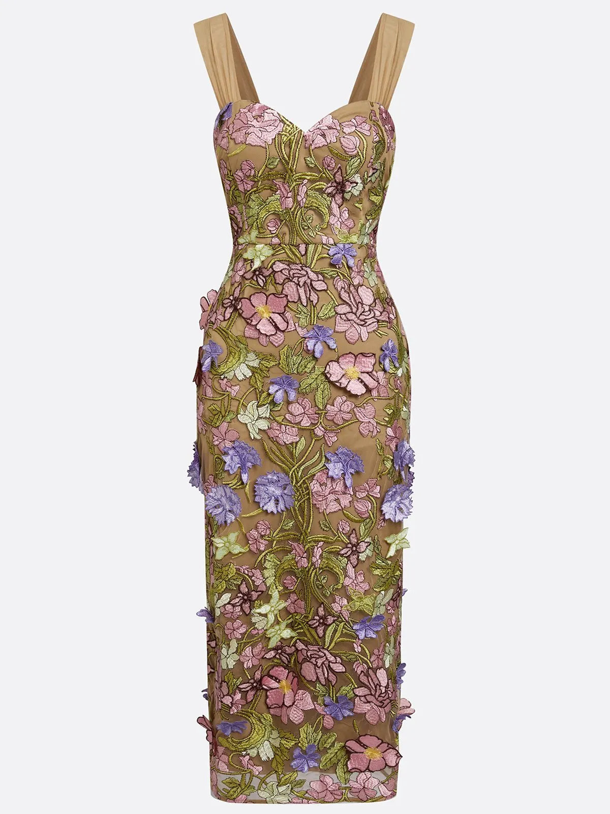Pink 3D Floral Lace Applique V Neck Sleeveless Sheath Maxi Dress
