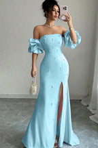 Strapless Bubble Sleeves Long Split Prom Dress With Beading WQ0027