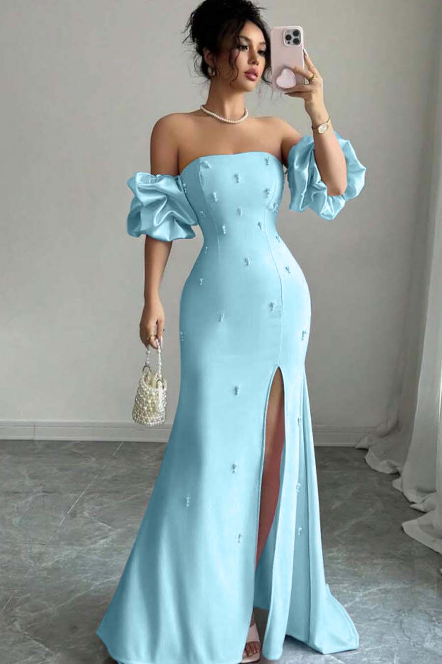Strapless Bubble Sleeves Long Split Prom Dress With Beading WQ0027