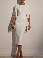 White Faux Pearl Classic Crew Neck Half Sleeve Sheath Midi Dress
