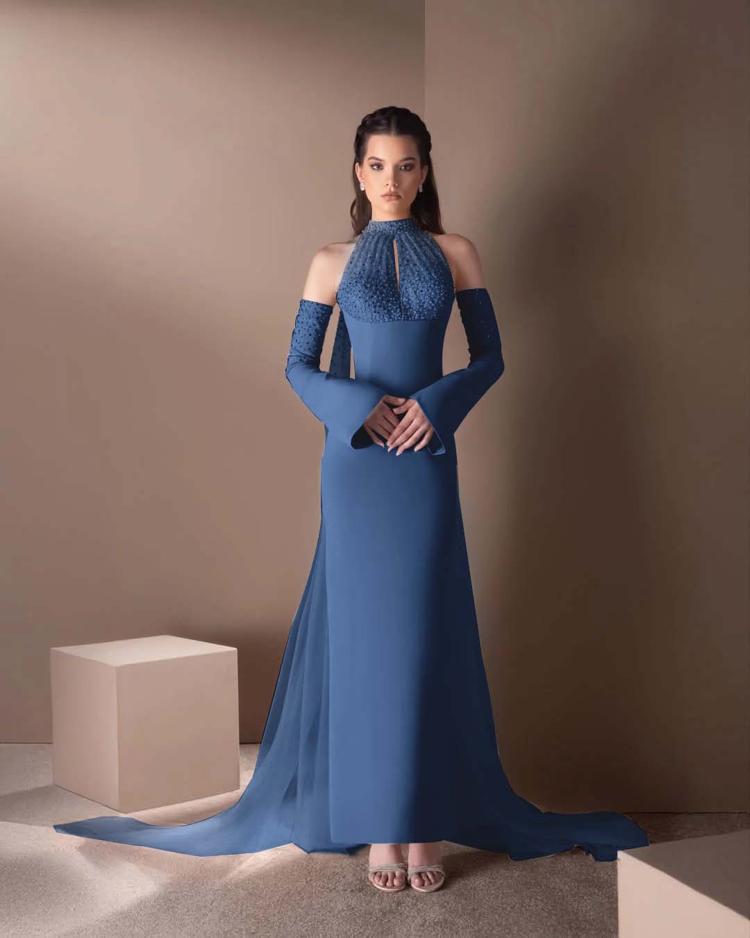 Spandex And Tulle High Neck Strapless Long Sleeves Long Mermaid Prom Dress With Ruffles And Beadings YK0748