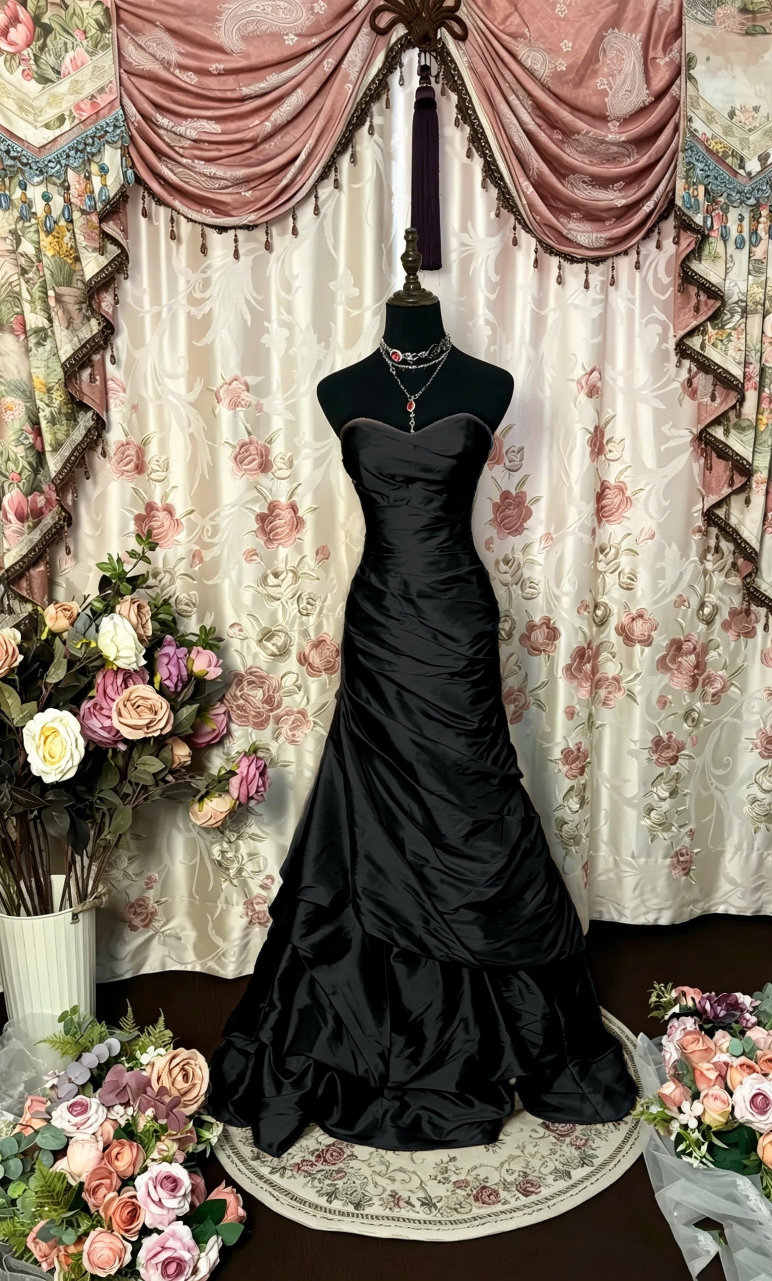 Cocoslly Strapless Sweetheart Sleeveless High Waist Long A Line Prom Dress With Ruffles | Black Red Satin PRD0034
