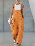 Orange Cotton-linen Multi-pocket Wide-leg Overalls