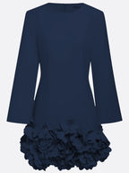 Purplish blue 3D Floral Classic Crew Neck Bell Long Sleeve Shift Mini Dress