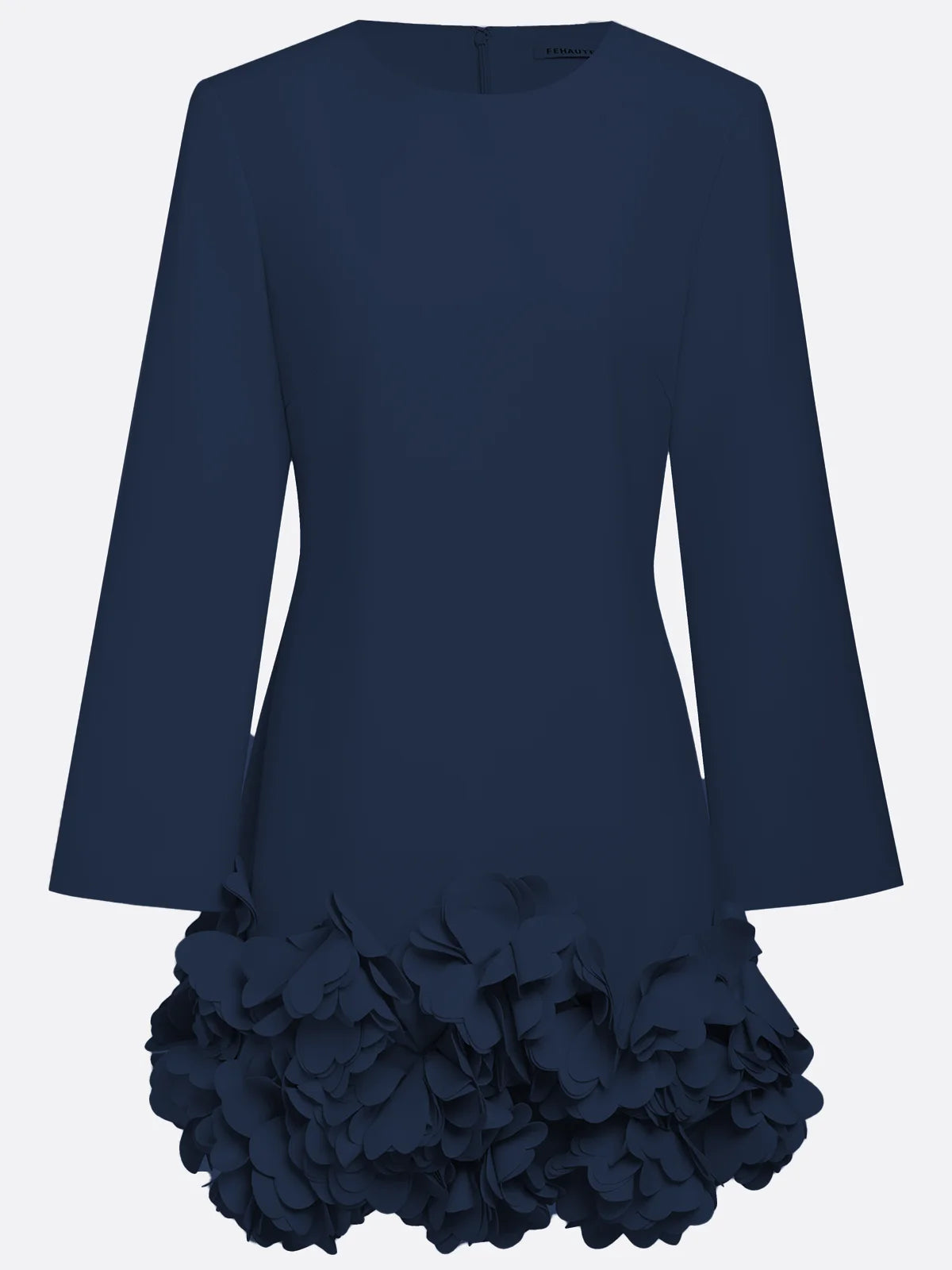 Purplish blue 3D Floral Classic Crew Neck Bell Long Sleeve Shift Mini Dress