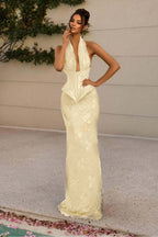 Halter V Neck Sleeveless Long Mermaid Prom Dress With Appliques WQ0176