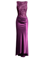 Purple Embroidery Satin Crew Neck Sleeveless Sheath Gown Dress