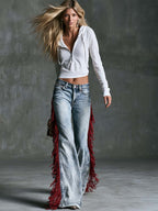 Vintage Urban Western Red Tassels Light-wash Slight-flare Jeans