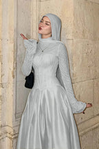 Cocoslly High Neck Long Sleeves High Waist Long Prom Dress With Hat | Burgundy Satin LR0513