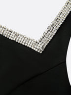 Black Rhinestone Ruched Knit Square Neck Sleeveless Bodycon Midi Dress