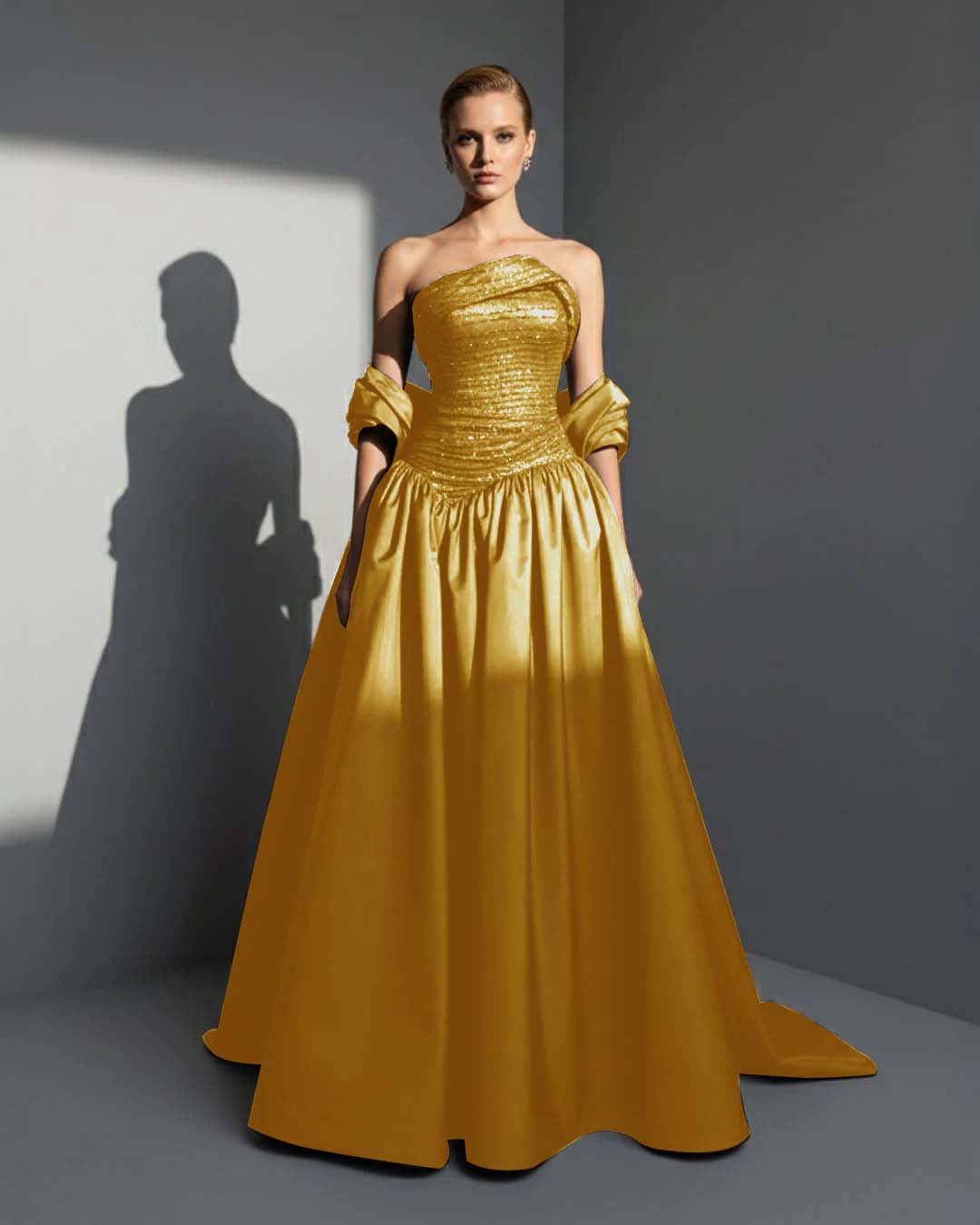 Satin Asymmetric Strapless Sleeveless Long Pleated A-Line Prom Dress With Beadings And Ruffles YK0766