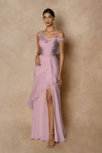 Cocoslly Wide Straps Sleeveless High Waist Long Prom Dress With Split And Ruffles | Glod Chiffon